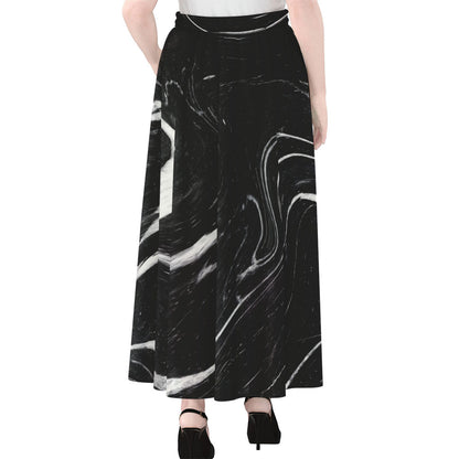 Black White Liquid Marble Print Chiffon Maxi Skirt