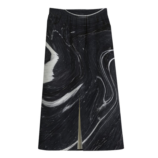 Black White Liquid Marble Print Cotton Front Slit Maxi Skirt