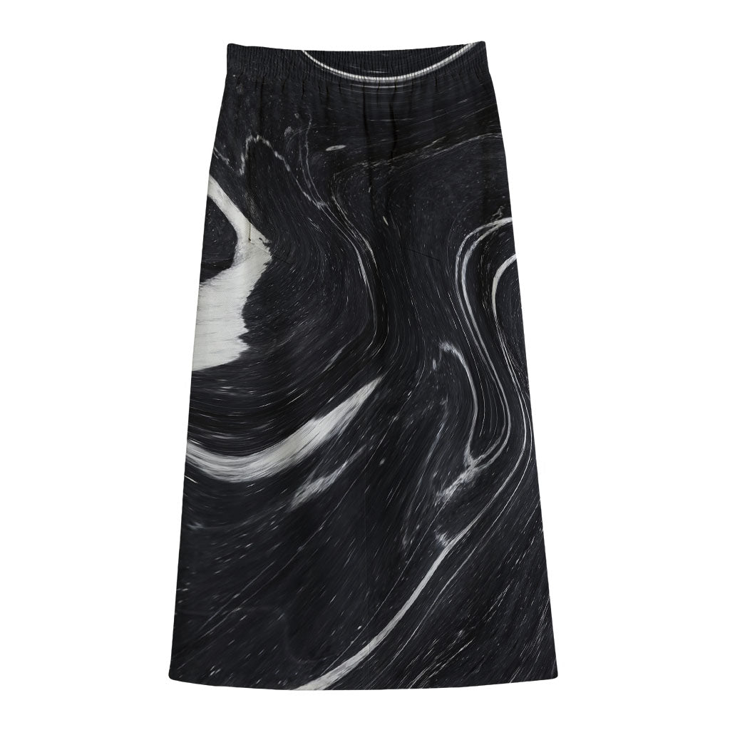 Black White Liquid Marble Print Cotton Front Slit Maxi Skirt