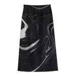Black White Liquid Marble Print Cotton Front Slit Maxi Skirt