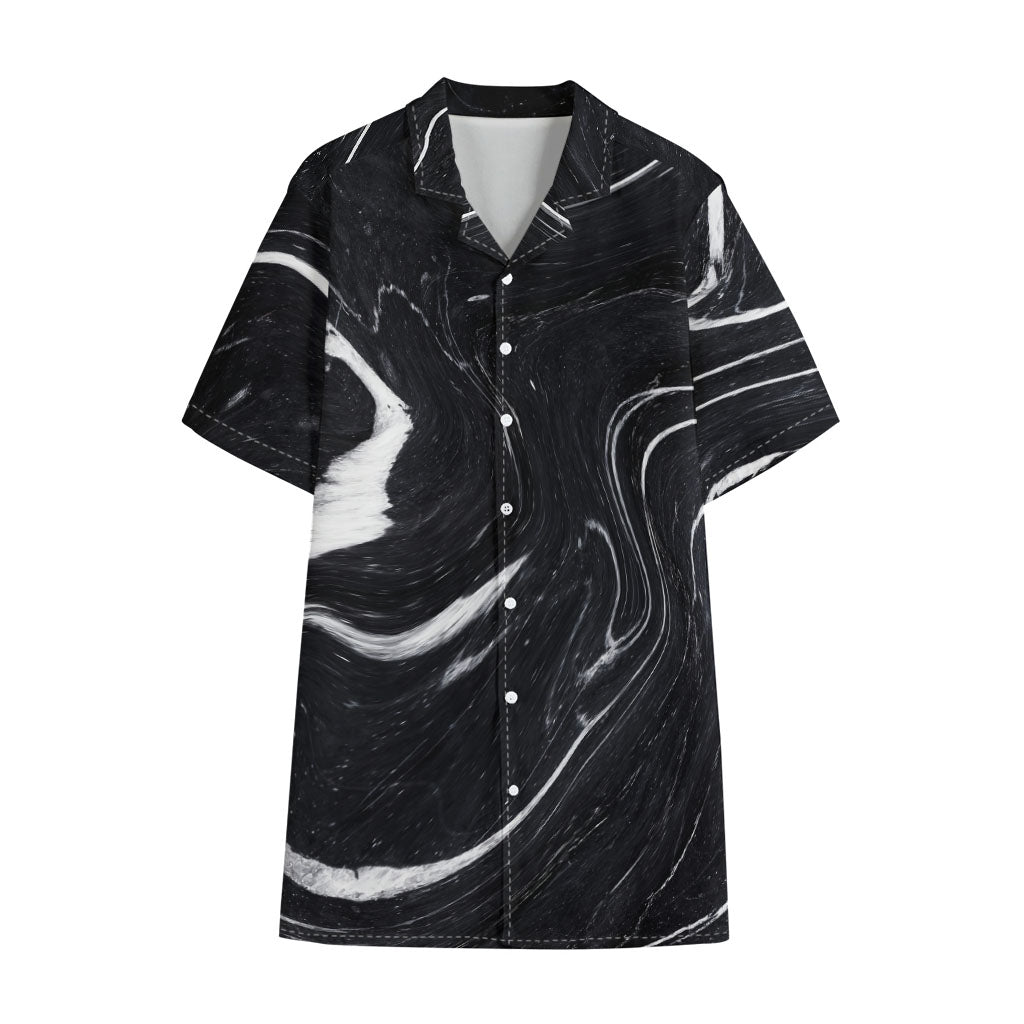 Black White Liquid Marble Print Cotton Hawaiian Shirt
