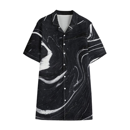 Black White Liquid Marble Print Cotton Hawaiian Shirt