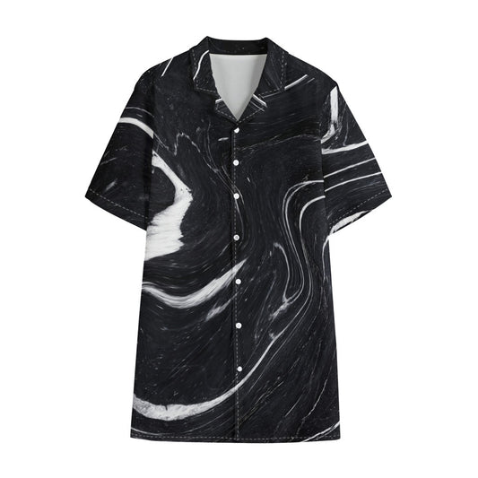Black White Liquid Marble Print Cotton Hawaiian Shirt