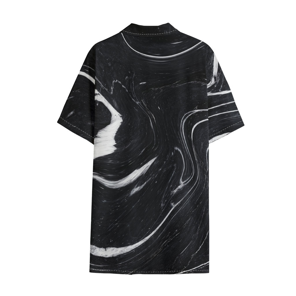 Black White Liquid Marble Print Cotton Hawaiian Shirt