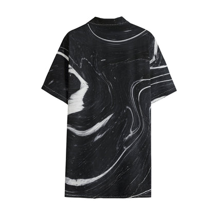 Black White Liquid Marble Print Cotton Hawaiian Shirt