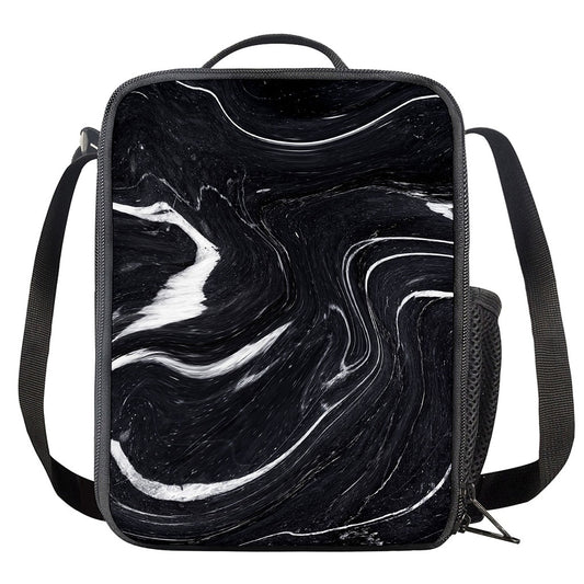 Black White Liquid Marble Print Crossbody Lunch Bag