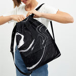Black White Liquid Marble Print Drawstring Backpack