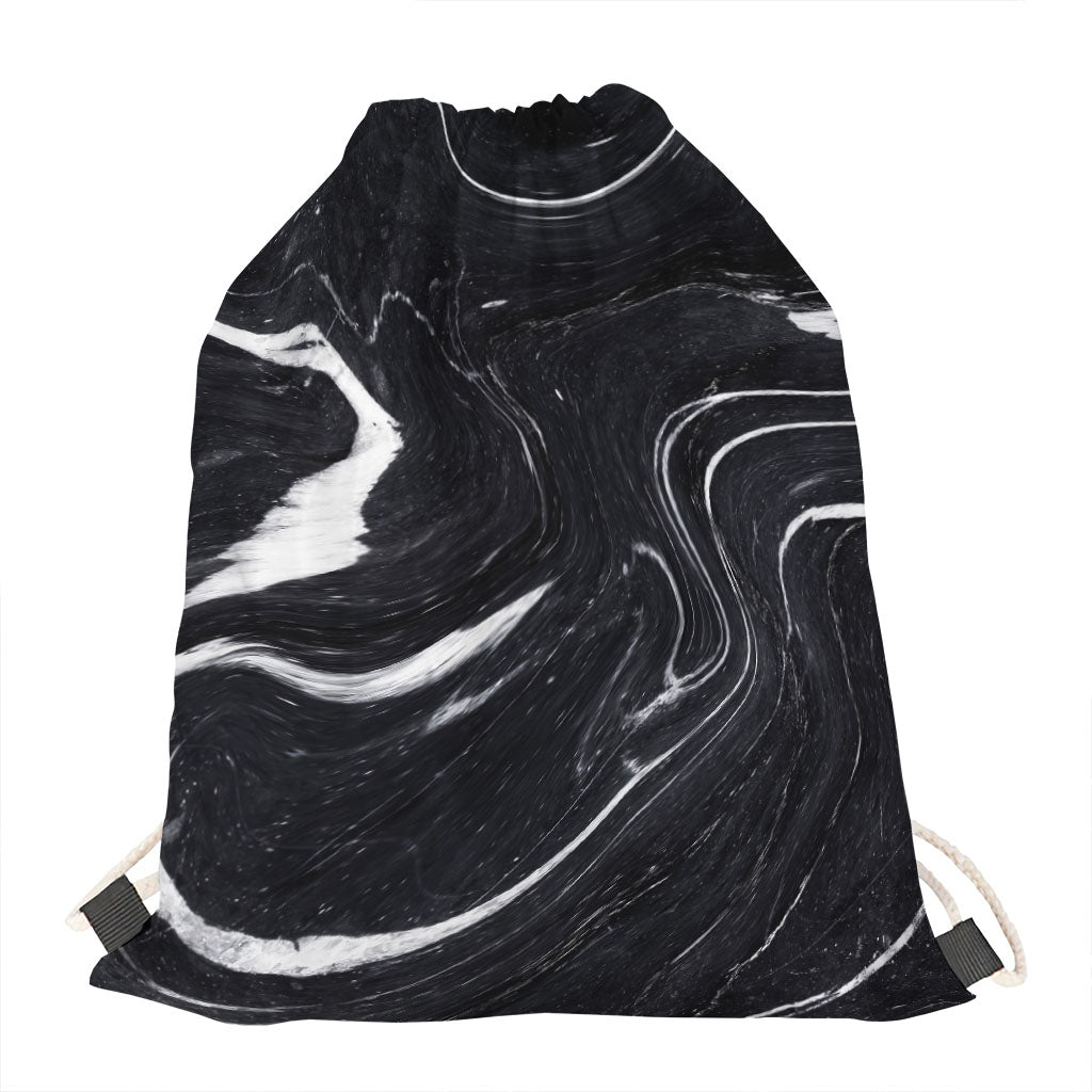 Black White Liquid Marble Print Drawstring Bag