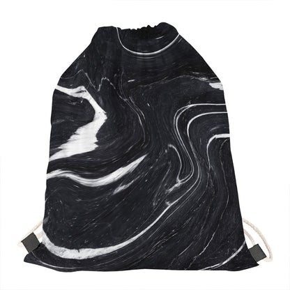 Black White Liquid Marble Print Drawstring Bag