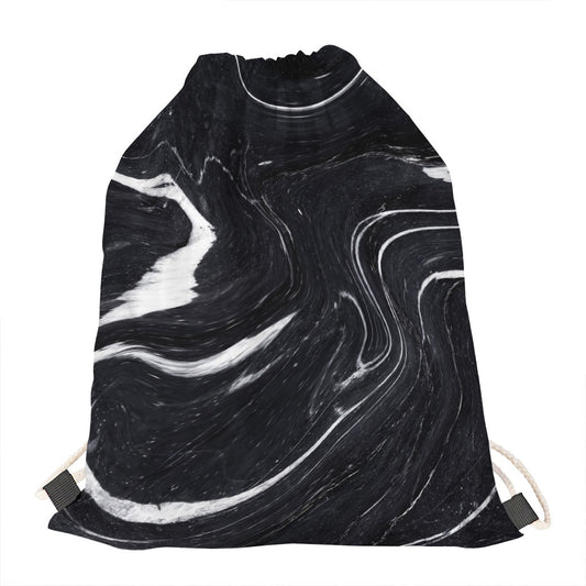 Black White Liquid Marble Print Drawstring Bag