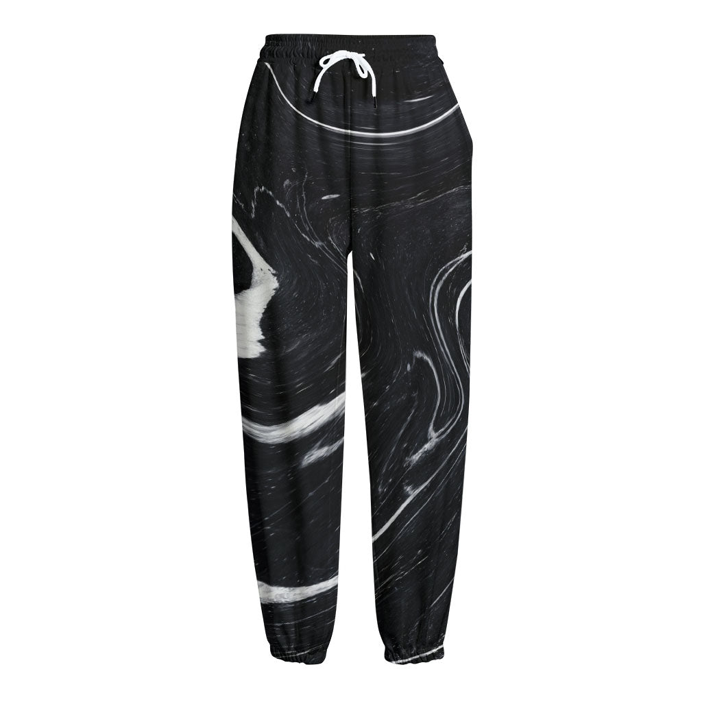 Black White Liquid Marble Print Fleece Lined Knit Pants