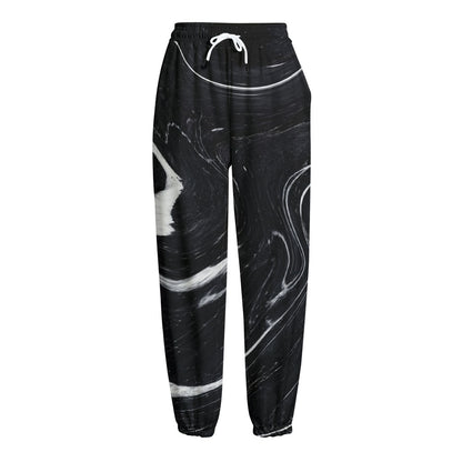 Black White Liquid Marble Print Fleece Lined Knit Pants