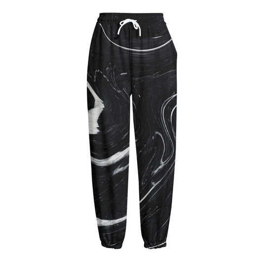 Black White Liquid Marble Print Fleece Lined Knit Pants