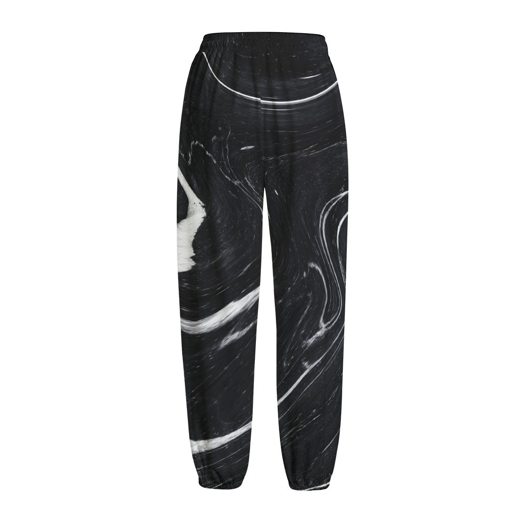 Black White Liquid Marble Print Fleece Lined Knit Pants