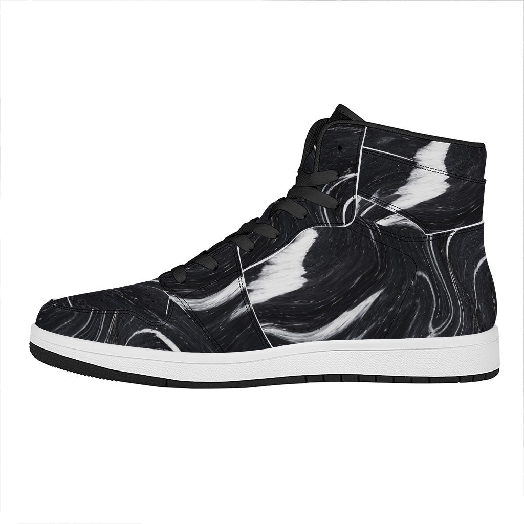 Black White Liquid Marble Print High Top Leather Sneakers