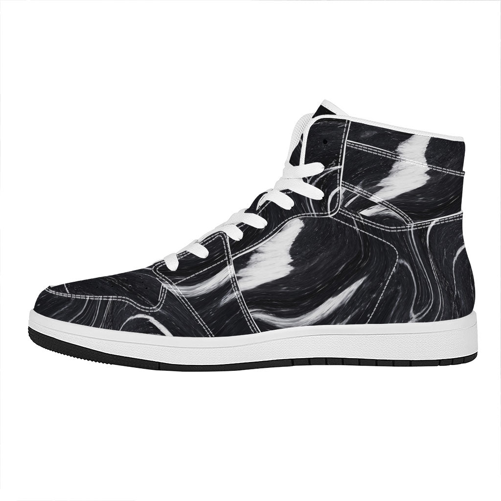 Black White Liquid Marble Print High Top Leather Sneakers