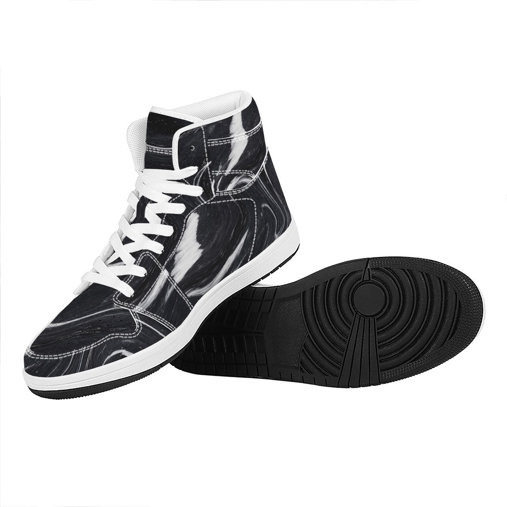 Black White Liquid Marble Print High Top Leather Sneakers
