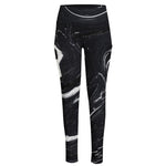 Black White Liquid Marble Print High-Waisted Pocket Leggings