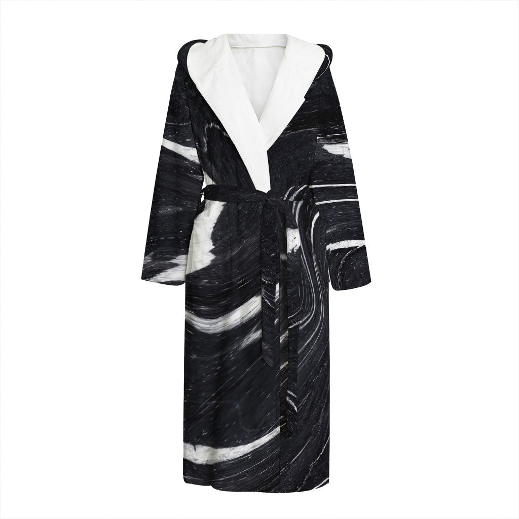 Black White Liquid Marble Print Hooded Bathrobe