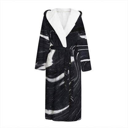Black White Liquid Marble Print Hooded Bathrobe