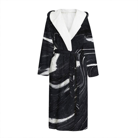 Black White Liquid Marble Print Hooded Bathrobe