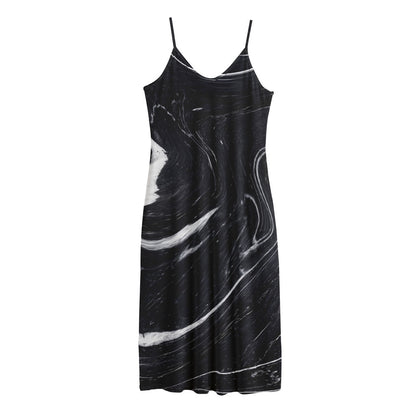 Black White Liquid Marble Print Jersey Midi Cami Dress