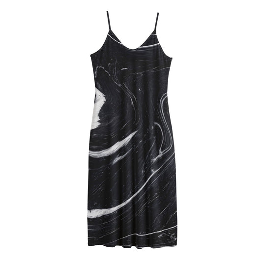 Black White Liquid Marble Print Jersey Midi Cami Dress