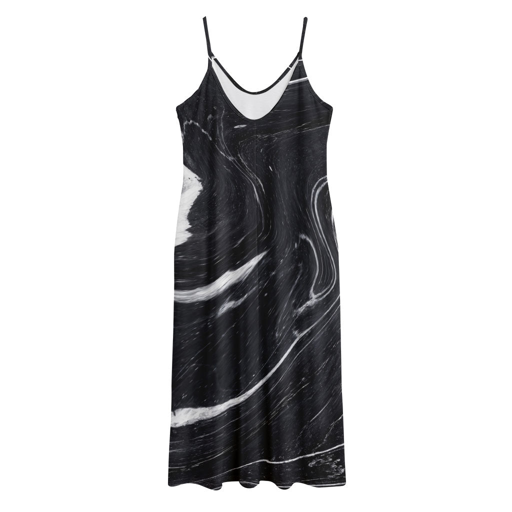 Black White Liquid Marble Print Jersey Midi Cami Dress