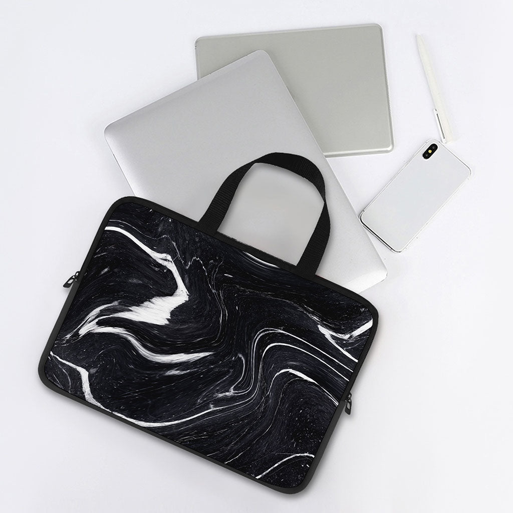 Black White Liquid Marble Print Laptop Sleeve With Handle