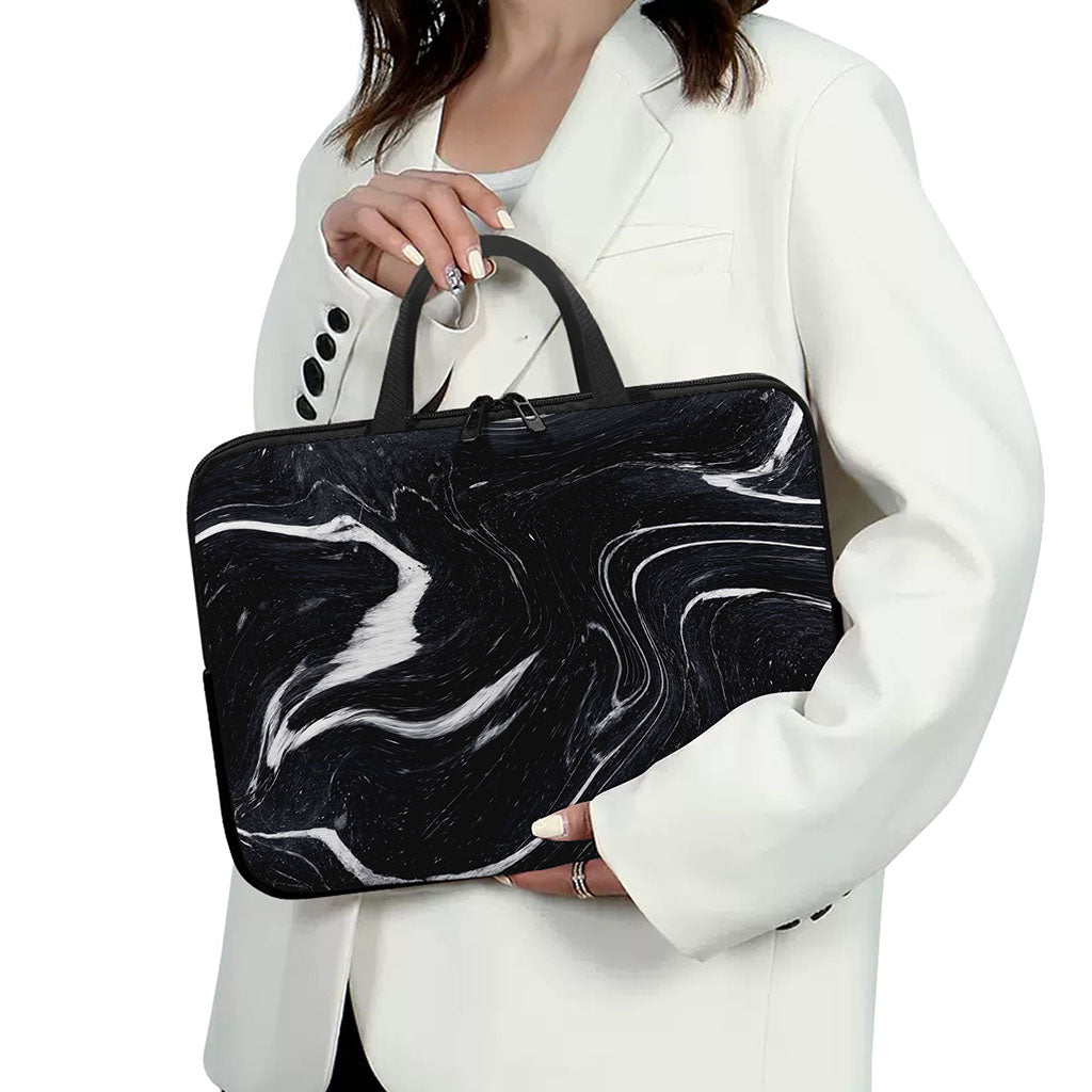 Black White Liquid Marble Print Laptop Sleeve With Handle