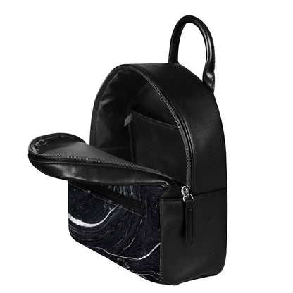 Black White Liquid Marble Print Leather Backpack