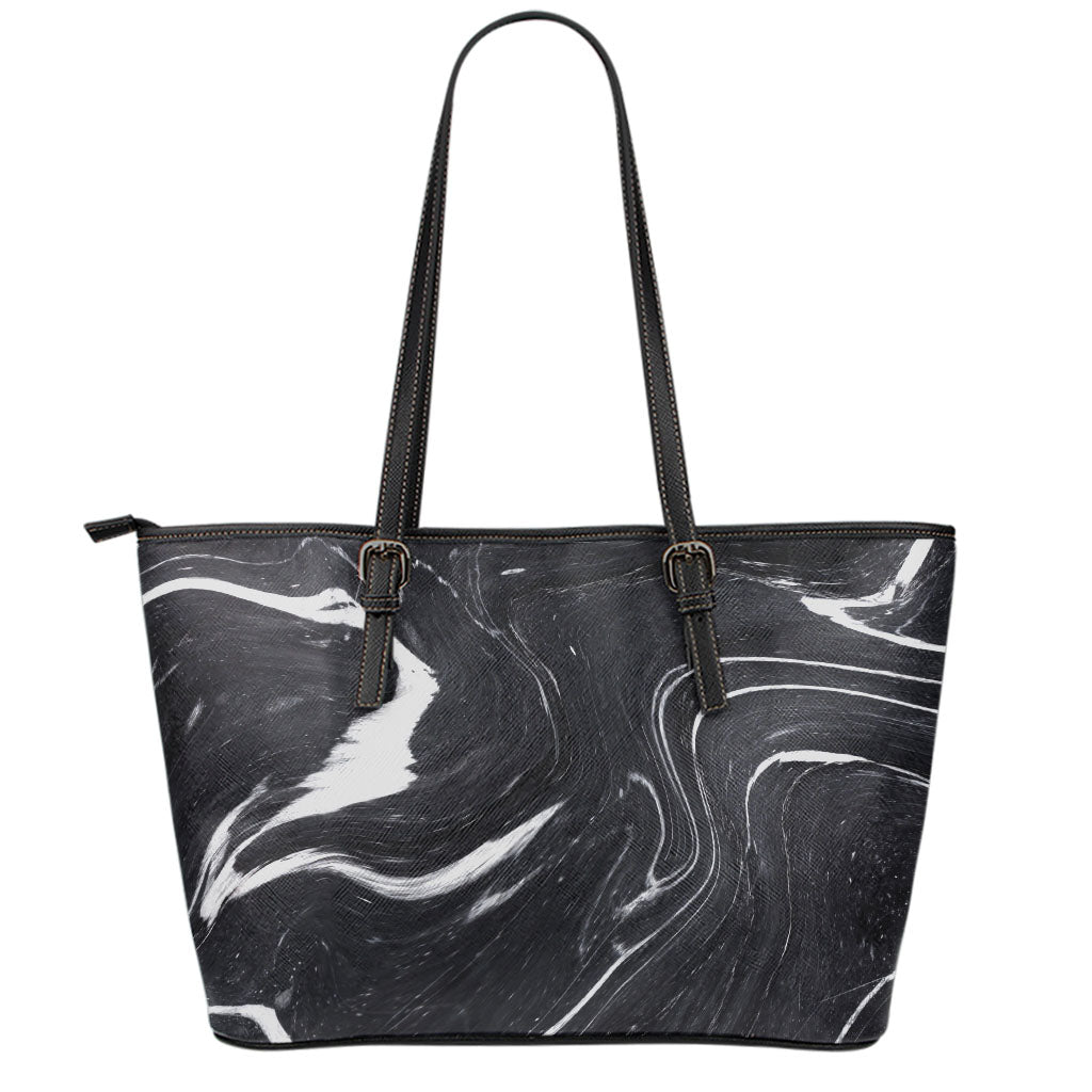 Black White Liquid Marble Print Leather Tote Bag