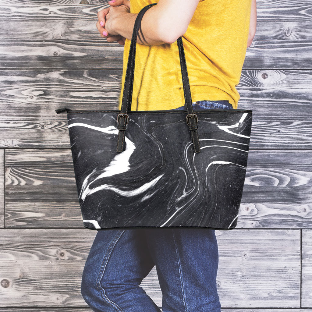 Black White Liquid Marble Print Leather Tote Bag