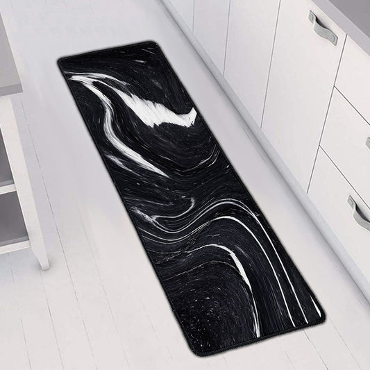 Black White Liquid Marble Print Long Kitchen Mat