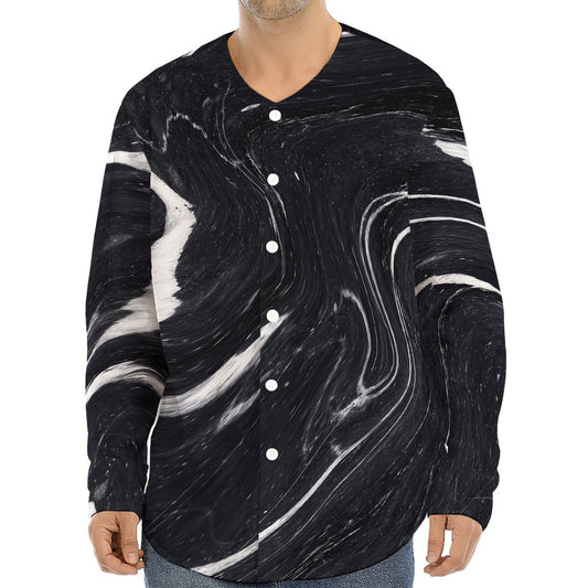 Black White Liquid Marble Print Long Sleeve Baseball Jersey