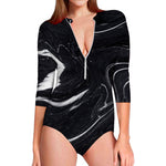 Black White Liquid Marble Print Long Sleeve Swimsuit