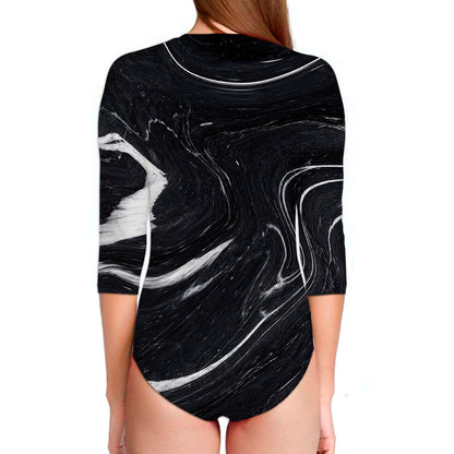 Black White Liquid Marble Print Long Sleeve Swimsuit