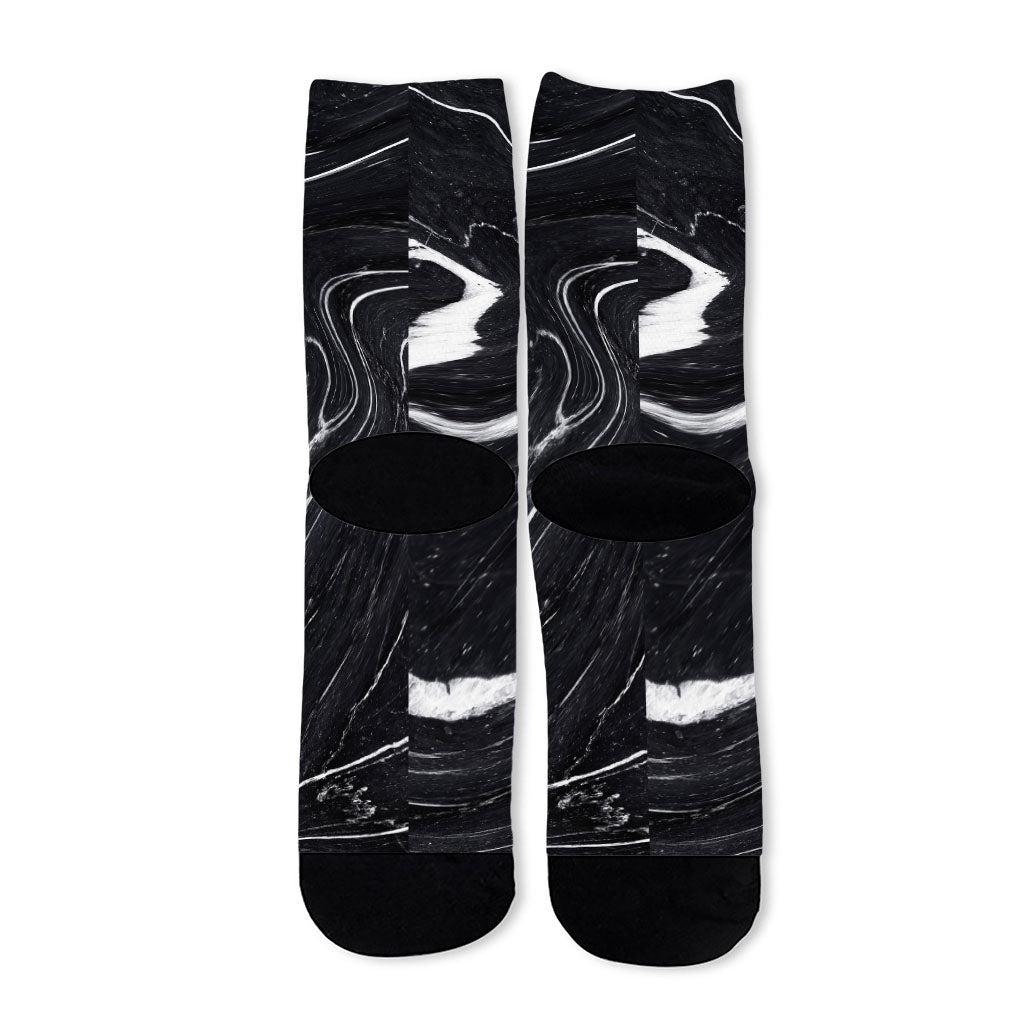 Black White Liquid Marble Print Long Socks