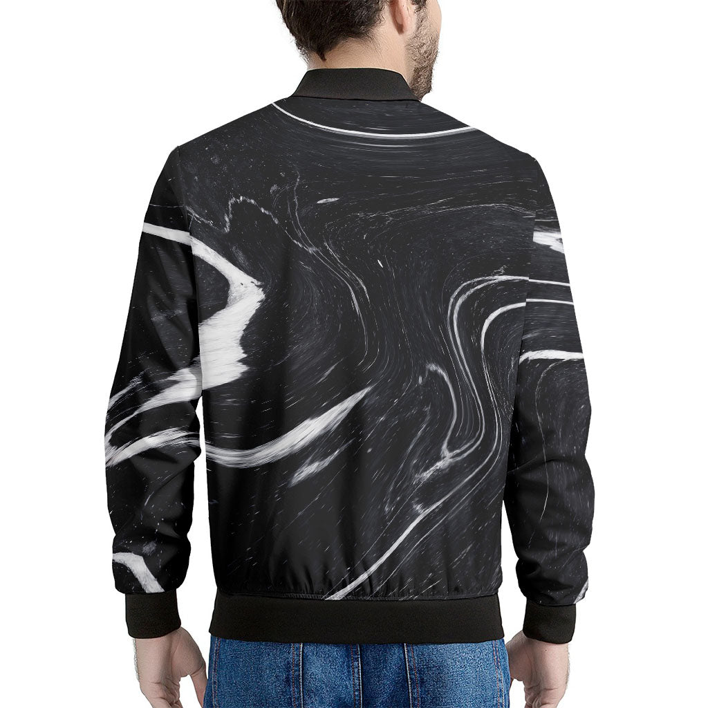 Black White Liquid Marble Print Men's Bomber Jacket