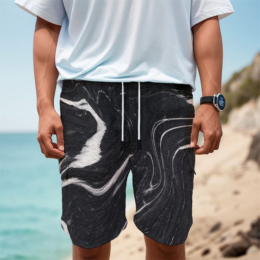 Black White Liquid Marble Print Men's Cargo Shorts