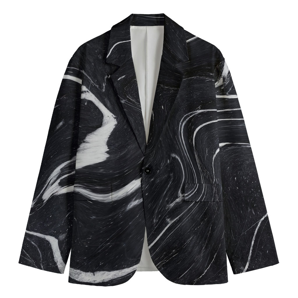Black White Liquid Marble Print Men's Cotton Blazer