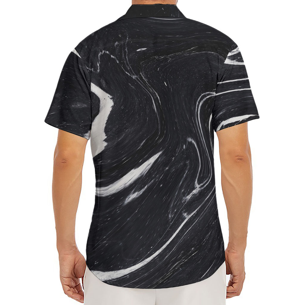 Black White Liquid Marble Print Men's Deep V-Neck Shirt