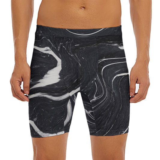 Black White Liquid Marble Print Men's Long Boxer Briefs