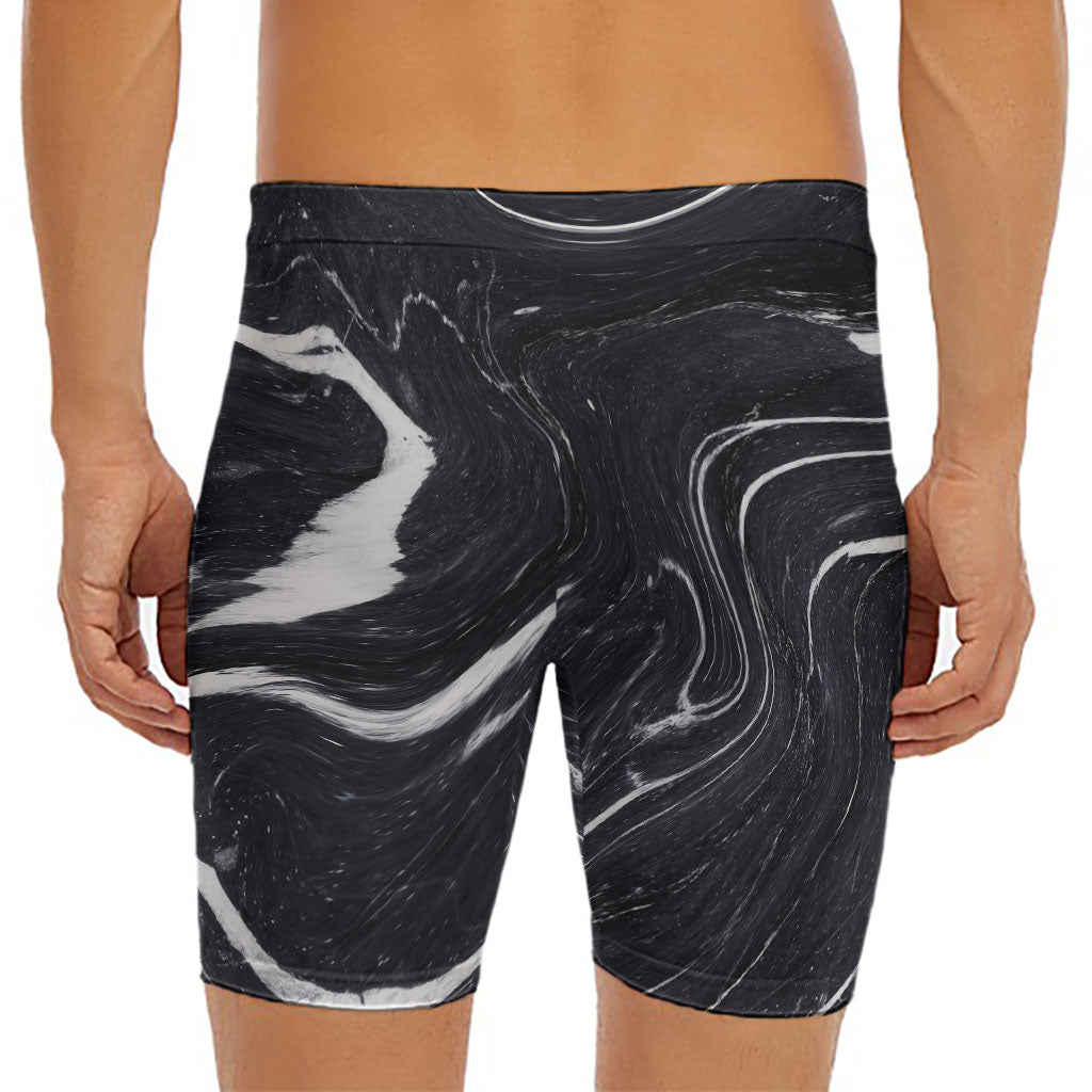 Black White Liquid Marble Print Men's Long Boxer Briefs