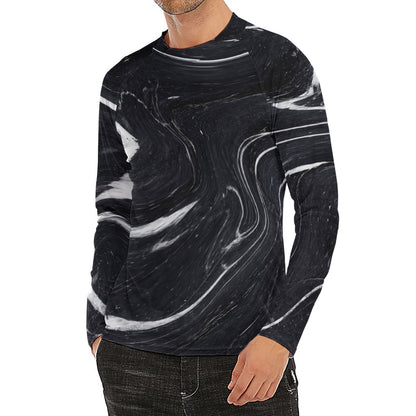 Black White Liquid Marble Print Men's Long Sleeve Rash Guard