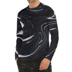 Black White Liquid Marble Print Men's Long Sleeve Rash Guard