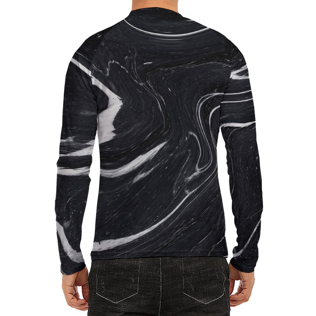 Black White Liquid Marble Print Men's Long Sleeve Rash Guard