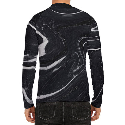 Black White Liquid Marble Print Men's Long Sleeve Rash Guard