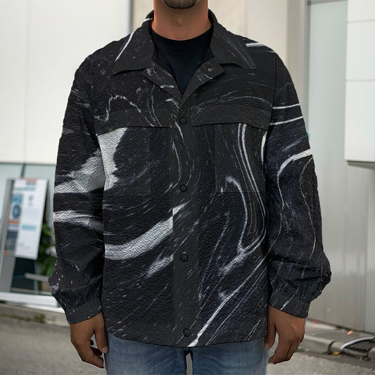 Black White Liquid Marble Print Men's Shirt Jacket