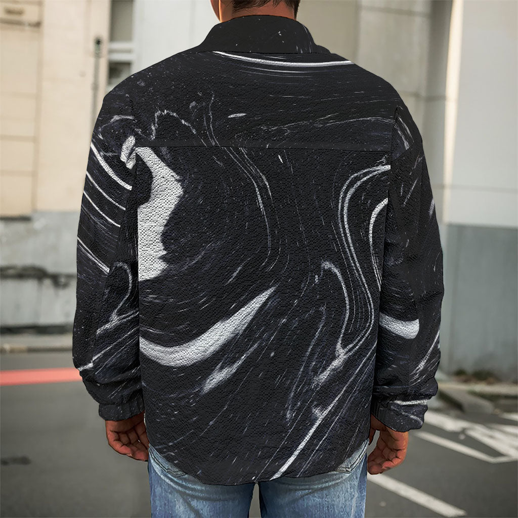 Black White Liquid Marble Print Men's Shirt Jacket